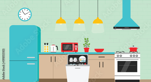 Modern kitchen interior illustration, home appliances and furniture, clean cooking space, household lifestyle, flat vector – flavector