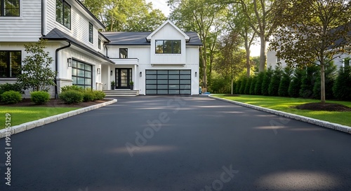 Luxurious white home with a long driveway and garage, surrounded by lush green trees