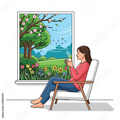 Woman relaxing by window, enjoying spring nature view with a hot drink, vector illustration