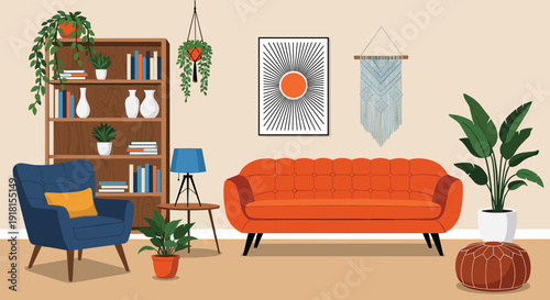Modern living room interior illustration with sofa bookshelf plants wall art cozy home flat vector
