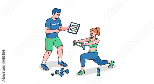 Man and Woman Exercising with Dumbbells and Clipboard.
