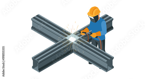 Man Cutting Metal Beam with Power Saw.