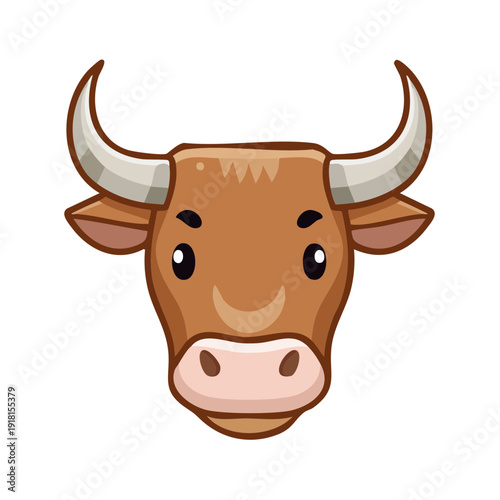A cute cartoonish bull's head with charming eyes and curved horns. This image depicts a friendly bull