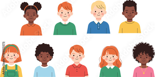 Multicultural children avatar set illustration, diverse kids faces flat vector characters collection for education design