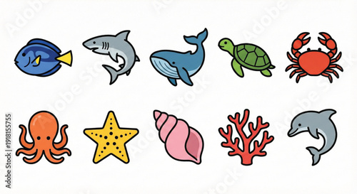 Sea Animal Icons Set – Marine Life Collection Colorful Cartoon Style Isolated on White