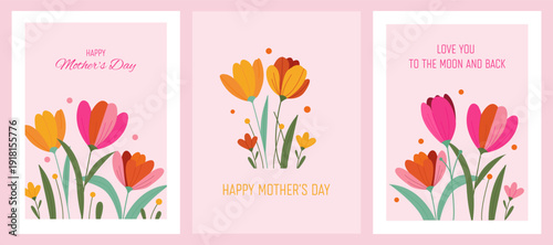 A set of cute, bright Mother's Day cards with beautiful spring flowers in a simple vector style