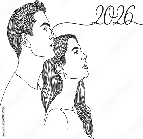 Couple Looking Upward with Year 2026 woman profile