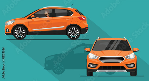Orange SUV car front side views, modern compact crossover vehicle, transportation design concept, flat vector illustration