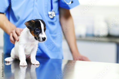 Veterinarian examines puppy in clinic setting during routine checkup for health