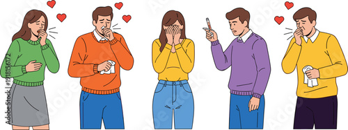 People sneezing coughing symptoms, seasonal flu allergy illness concept, healthcare awareness, flat vector illustration