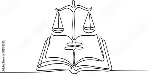 Open book with scales of justice in black and white line black and white legal