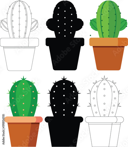 Cactus Plant Icon and Silhouette Set