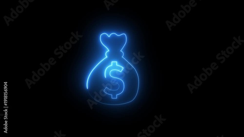 Abstract neon money bag with dollar icon symbol loop isolated motion animation on transparent background.