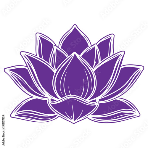 Beautiful vibrant purple lotus flower with delicate white outlines showcasing its intricate petal layers symbolizing purity and spiritual enlightenment in a serene and elegant floral illustration