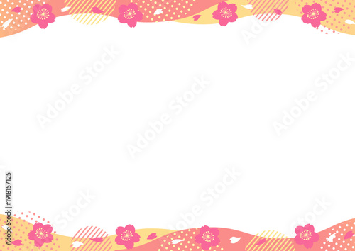 桜とドットやストライプの丸い幾何学模様と波型のフレーム_オレンジ