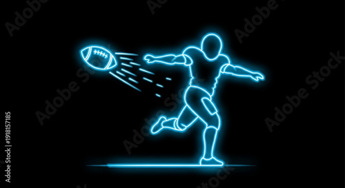 Neon lit american football player kicking ball with motion lines on black background with blue glow