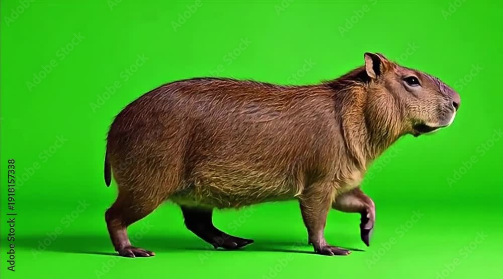 Photorealistic capybara slow walking cycle seamless loop on green ...