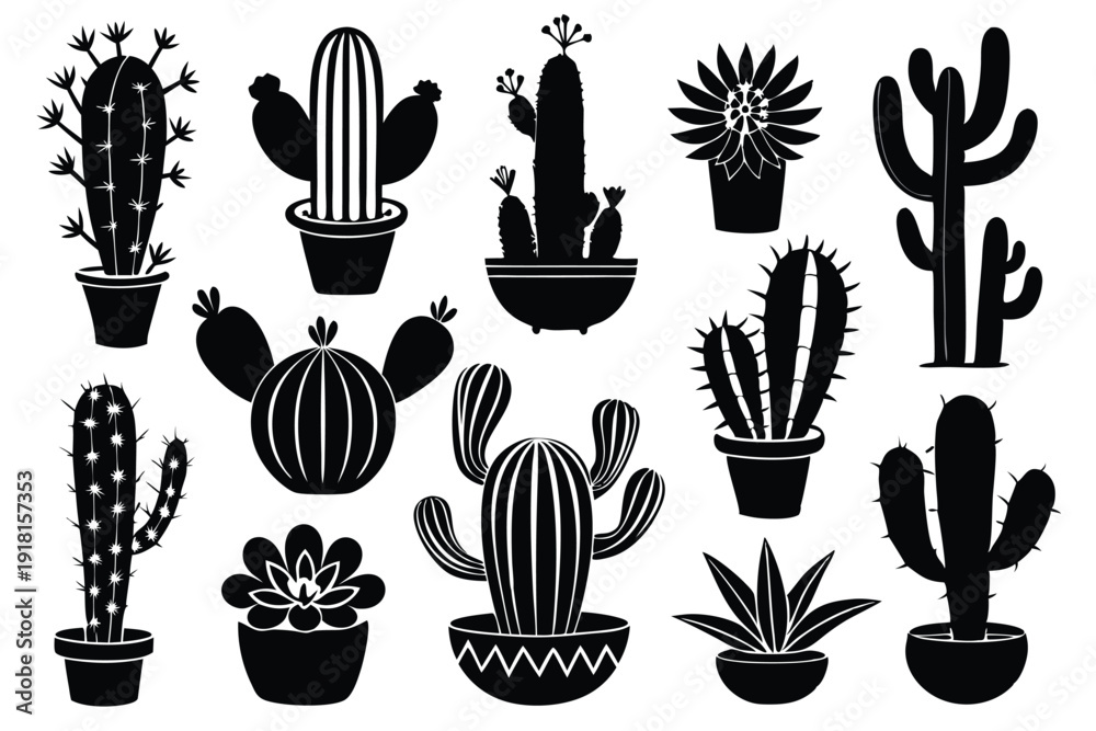 Fototapeta premium set cactus line art silhouette vector illustration