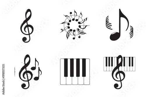 Collection of musical symbols including treble clefs notes and piano keyboard segments for music theme design isolated on background