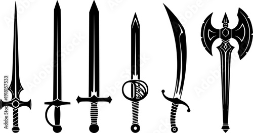 Medieval sword and fantasy weapon collection, knightly blade and warrior combat equipment vector illustration.