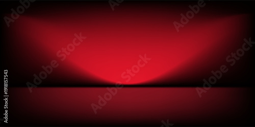 Red studio background. Abstract limbo podium studio room. Dark red gradient wall floor and spotlight scene. Showcase, promotion display. Vector stage mockup illustration
