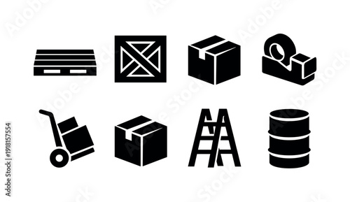 Distribution Materials in silhouette style: pallet, crate, box, tape dispenser, hand truck, package, ladder, barrel