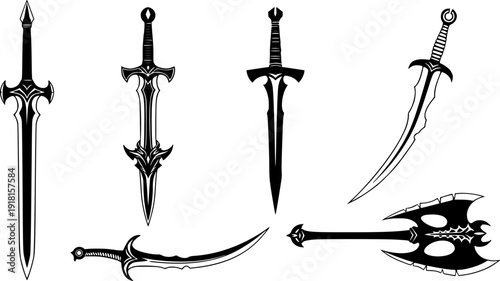 Medieval sword and fantasy weapon collection, knightly blade and warrior combat equipment vector illustration.