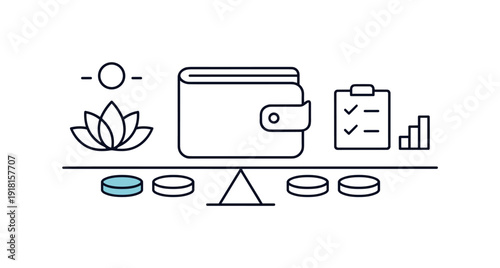 Mindful personal finance overview and expense control in everyday budgeting habits focused on awareness, a wallet aligned with evenly spaced coins and
