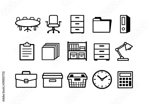 Sales advisory equipment in linear style: conference table, office chair, filing cabinet, document folder, binder, clipboard, paper stack, shelf unit