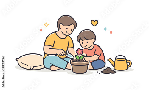 Quiet family afternoon at home focused on shared presence and gentle everyday closeness, a parent and child sitting on the floor planting a small