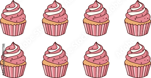 Cute Hand Drawn Pink Cupcake Set with Swirl Cream Frosting Isolated on Light Background Vector Illustration Collection