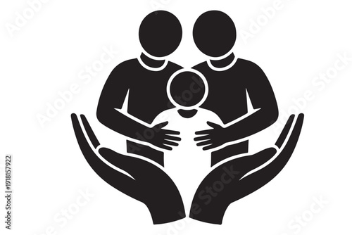 Family protection concept showing two adults hands cradling small child silhouette against transparent background for care and security idea