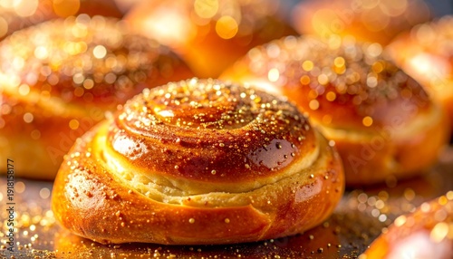 Golden Sweet Buns with Sparkly Topping in Soft Focus Background
