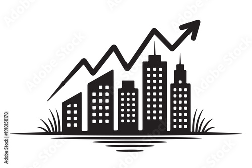 Illustration of modern city skyline with growing line graph above buildings showing real estate market expansion and urban economic development