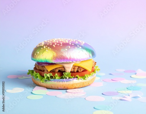 Whimsical Iridescent Burger with Confetti and Pastel Background