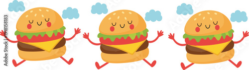 Cute Kawaii Burger Characters Running with Cheese Lettuce and Tomato Funny Fast Food Cartoon Vector Illustration
