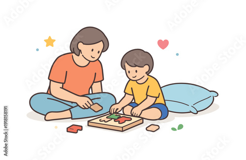 Quiet family afternoon at home centered on shared presence and simple everyday closeness, a parent and child sitting on the floor assembling a basic