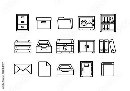 Data storage in linear style: filing cabinet, box, folder, safe, shelf, crate, drawer, chest, cabinet, binder, envelope, document, tray, locker, book