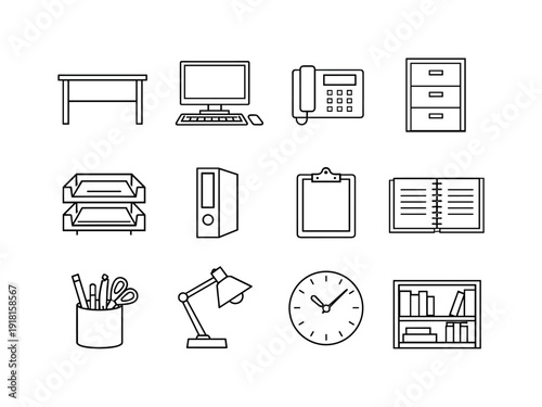Corporate communications planning workspace in linear style: office desk, desktop computer, desk phone, filing cabinet, document tray, binder