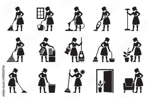 Set of female cleaning service icons showing diverse home maintenance actions including dusting scrubbing and laundry care