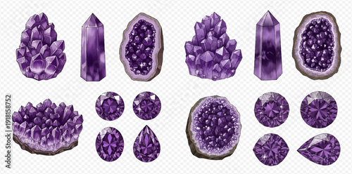 Set of beautiful purple amethyst crystals, geodes, and faceted gemstones on a transparent background.