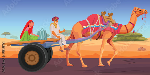 Rajasthani Farmer Traveling on Camel Cart with Family, Traditional Rural Life in Rajasthan with Camel Cart