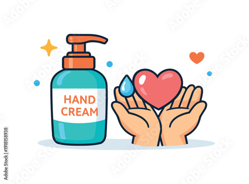 Everyday gentle care for comfortable hands during frequent daily washing and chores, a pump bottle of hand cream paired with a small heart icon