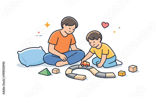 Quiet family afternoon at home focused on shared presence and gentle everyday togetherness, a parent and child sitting on the floor building a simple