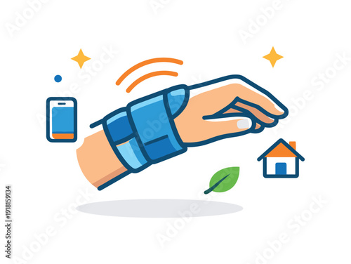 Everyday wrist and hand comfort during routine device use and household tasks, a wrist icon paired with gentle support lines symbolizing strain