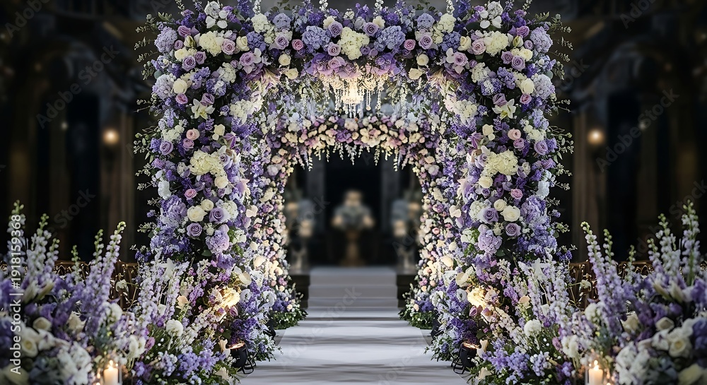 Fototapeta premium Beautiful floral wedding arch with purple and white flowers aisle ceremony