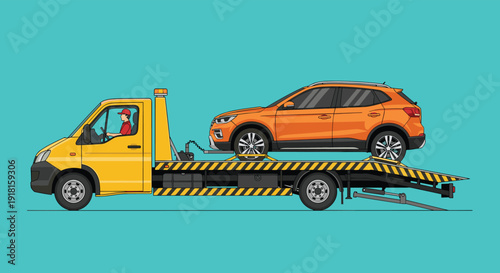 Tow truck transporting broken car, roadside assistance service, vehicle recovery concept, flat vector illustration