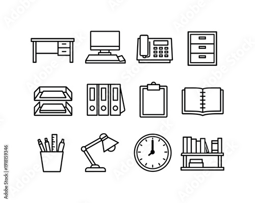 Retail performance administration workspace in linear style: office desk, desktop computer, desk phone, filing cabinet, document tray, binder