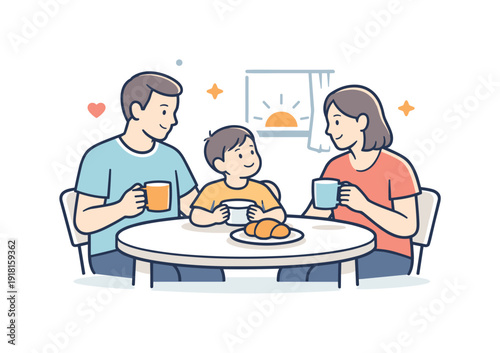 Calm family morning at home focused on shared routine and gentle togetherness before daily activities, two adults and a child sitting at a small