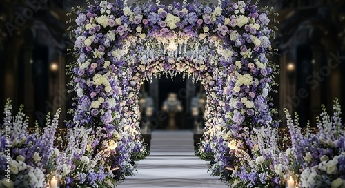 Beautiful floral wedding arch with purple and white flowers aisle ceremony